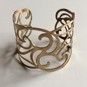 Vintage Open Cut Swirl Design Wide Cuff Bracelet Gold Tone